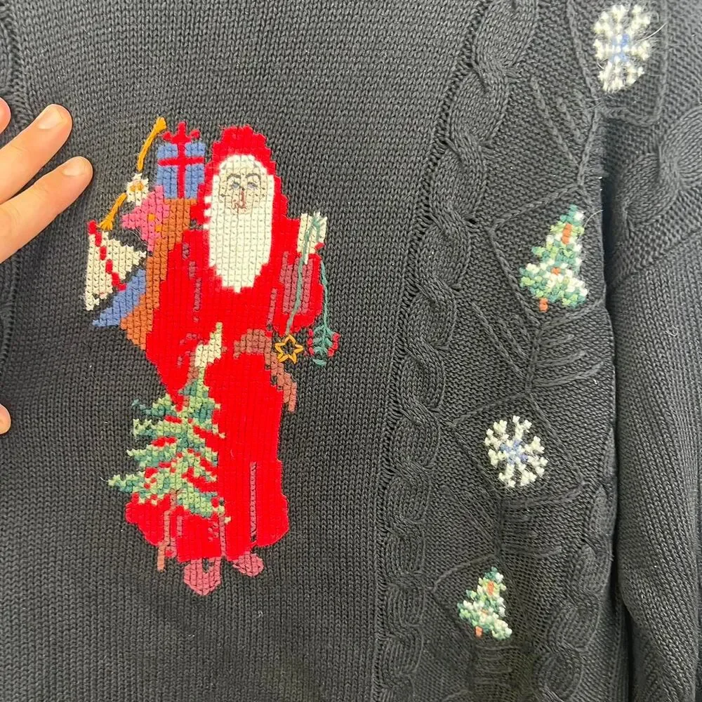 Vtg Woolrich Sweater Needlepoint Christmas Santa Claus Embroidered  Knit Size L - Picture 5 of 7